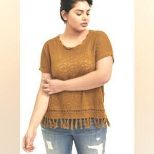 Torrid Gold Pullover Open-knit Sweater Top, Fringe Around the Bottom, Sz 1, 1X